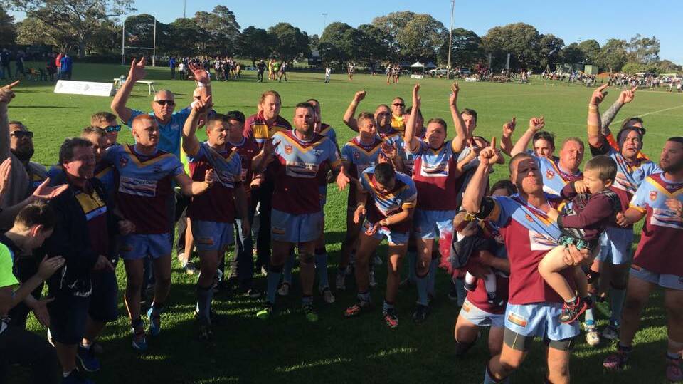 GRINNERS: The Fingal Bay Bomboras defeated the West Wallsend Magpies 28-24 to claim the the NHRL B-grade premiership on Saturday. Picture: Facebook/Josh Davies