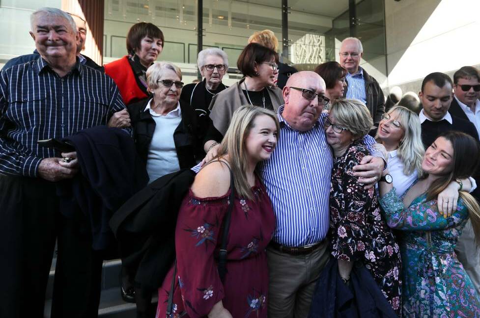 Jubilant: A jubilant Peter Creigh and family in 2018 after Archbishop Philip Wilson was convicted of failing to report child sex allegations about Jim Fletcher to police. Wilson later won an appeal against the conviction. 