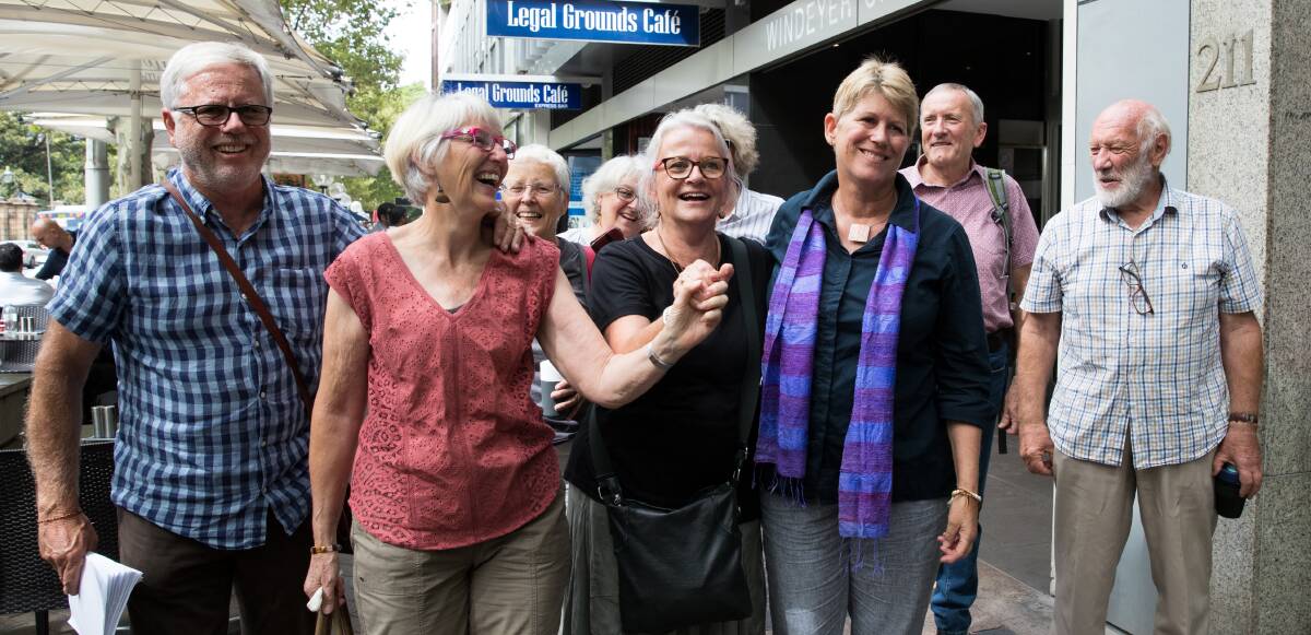 Cheers: Gloucester residents outside the Land and Environment Court in February after a landmark refusal of the Rocky Hill coal mine. 