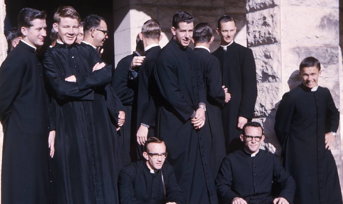 History: Former trainee priest Kieran Tapsell, far right, with other trainee priests before he left without being ordained. Mr Tapsell went on to write a book revealing the cover-up of abuse by six popes.