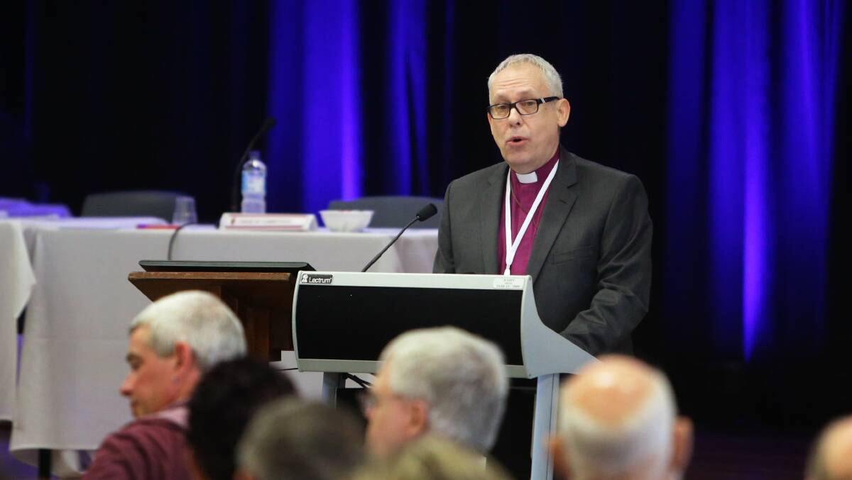 History: Bishop Greg Thompson addresses the Newcastle synod in 2015 before a landmark resolution on child sexual abuse. 