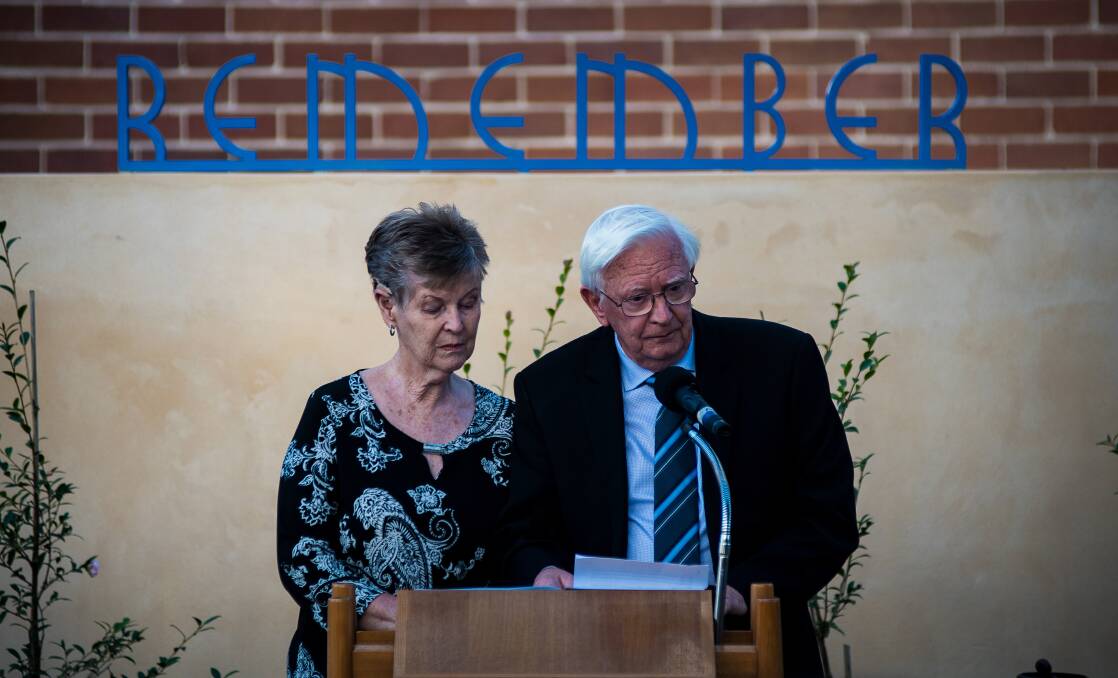 Remember: Bob and Beverley O'Toole speak at the dedication of a memorial at St Francis Xavier College, formerly known as Marist Brothers Hamilton school. Picture: Simon McCarthy.