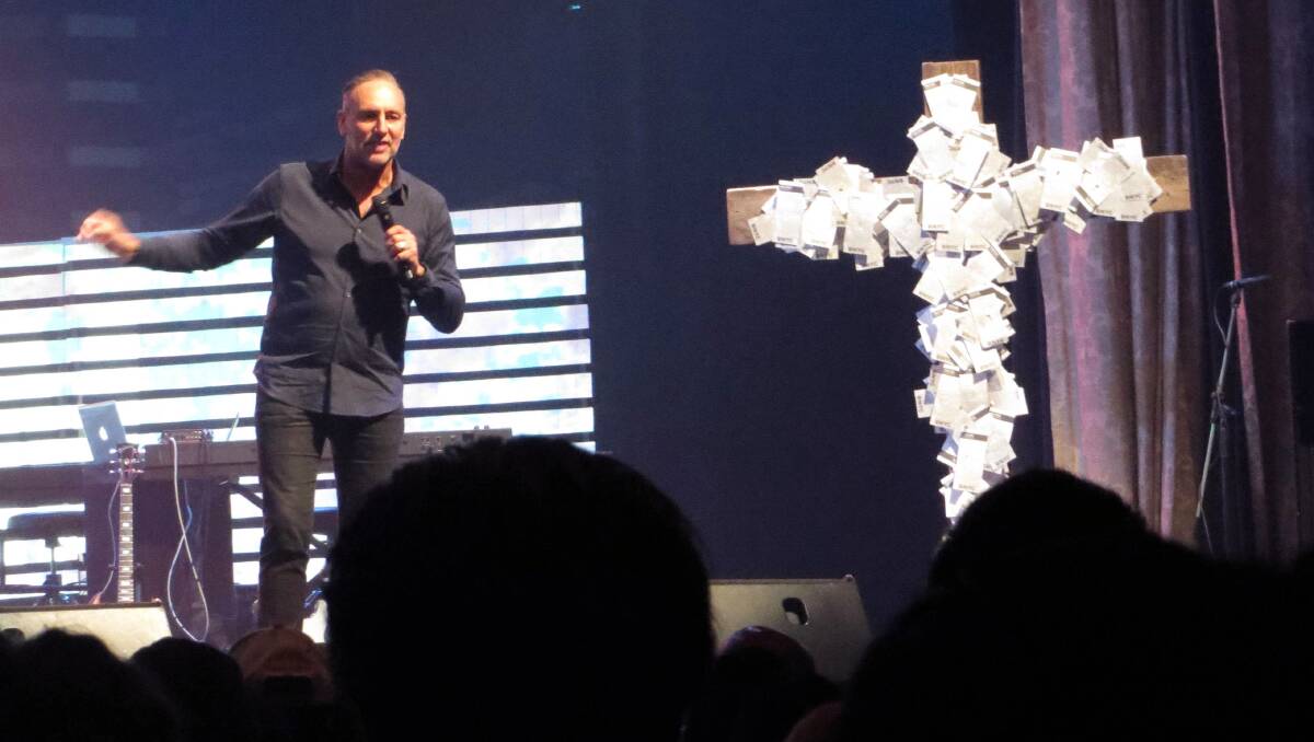 Future: Hillsong Church founder Brian Houston preaches at a church event in New York. Picture: Dominic Lorimer. 