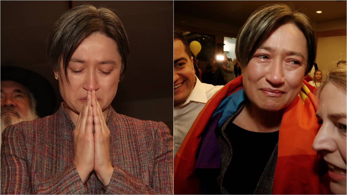 Relief: Labor's Penny Wong before and after results of the Australian same sex marriage postal vote were announced in November, 2017. Picture: Andrew Meares.