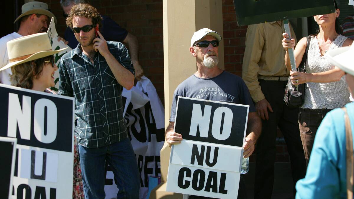 Protests: Residents protest outside Singleton Courthouse in 2011 after Appletree Flat farmer was in court for refusing access to his property to NuCoal. 