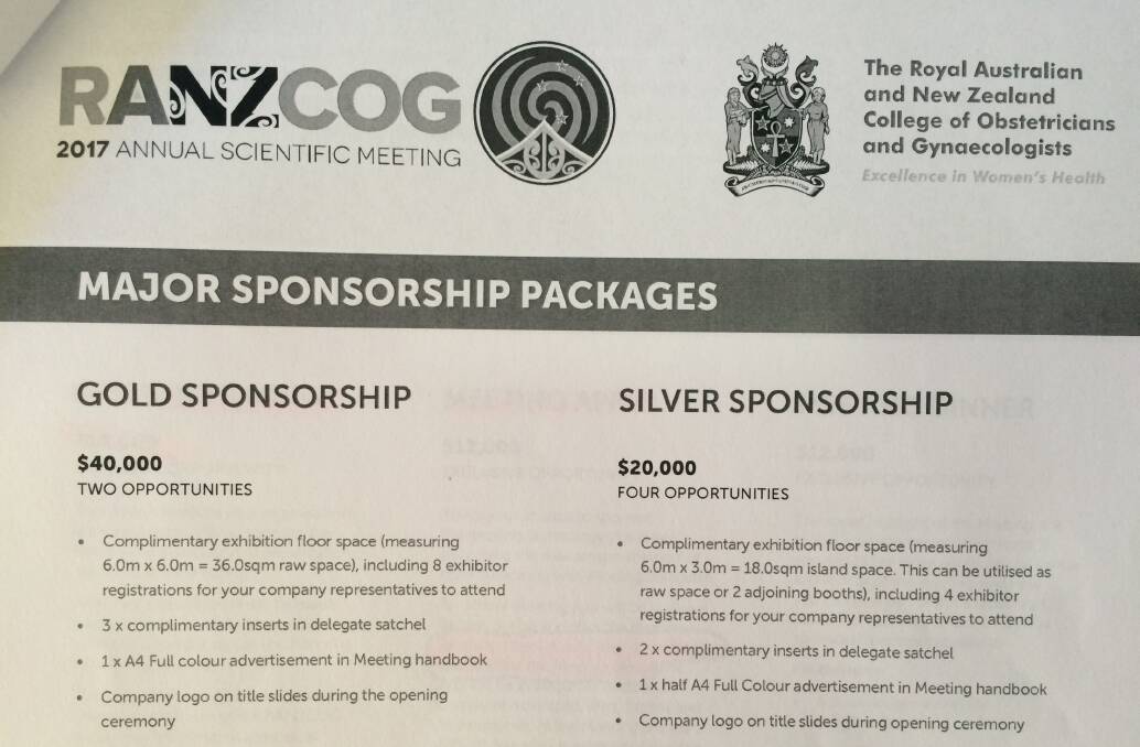 Opportunities: RANZCOG's 2017 annual scientific meeting prospectus offering two $40,000 gold sponsorships and four $20,000 silver sponsorships to industry.