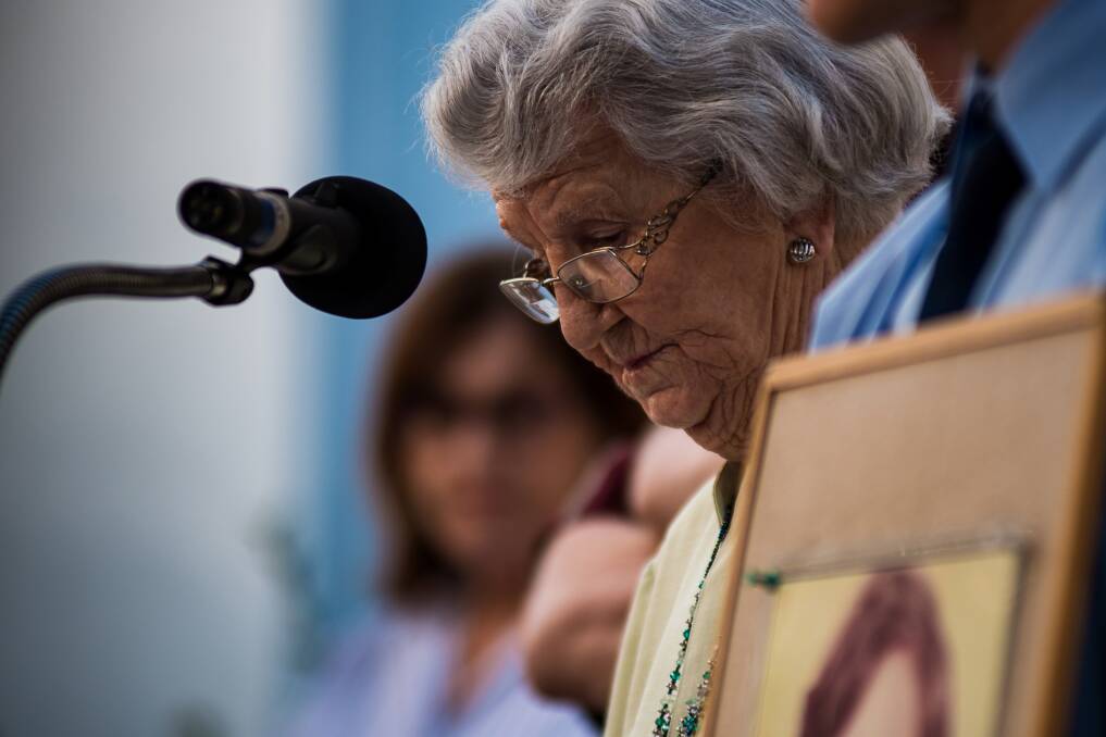 Tragedy: Audrey Nash wept as she spoke about the death of her son Andrew, 13, in 1974, at the dedication of a memorial to victims and survivors of child sexual abuse at Marist Brothers Hunter schools. Picture: Simon McCarthy.
