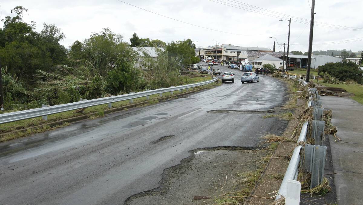 Battered: Dungog Road on Bennett Bridge in 2015 after savage storms caused devastating flooding in Dungog that destroyed large parts of the shires roads network.