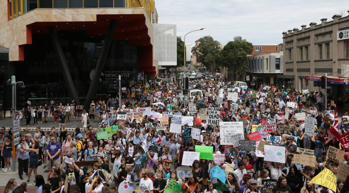 Strike: The March 15, 2019 Student Strike 4 Climate march through Newcastle. Picture: Simone De Peak. 