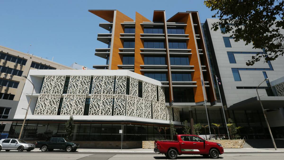 List: Newcastle Courthouse building, opened in 2016, which was listed as cladding 'high risk' in a Fire & Rescue NSW assessment in early February, despite a 2018 government review that found it safe. Picture: Simone De Peak. 