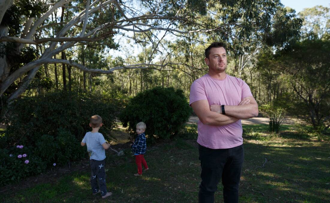 Objection: Luke Redman and sons Torin, 4, and Lars, 2, at the Seaham property where they live with Mr Redman's wife Chantal. The family is opposed to a nearby quarry expansion that will destroy nearly 50 hectares of koala habitat. 