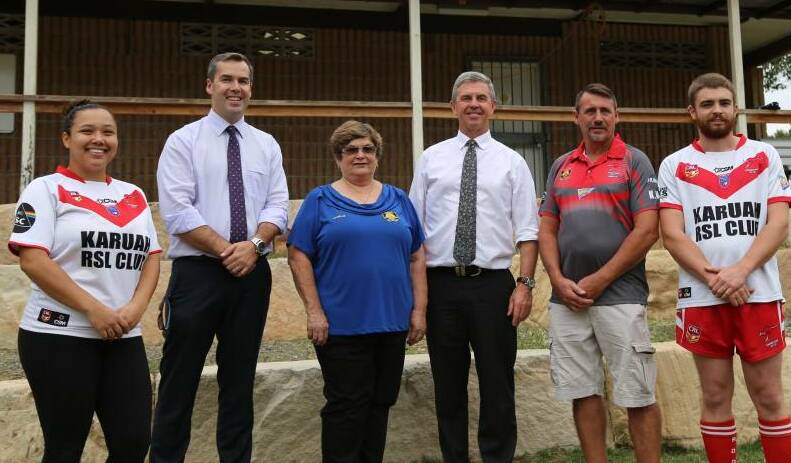 Announced: Port Stephens mayor Ryan Palmer (second from left) and Lyne MP David Gillespie (third from right) at the announcement of nearly $500,000 to Port Stephens Council for a Karuah sports facilities project.