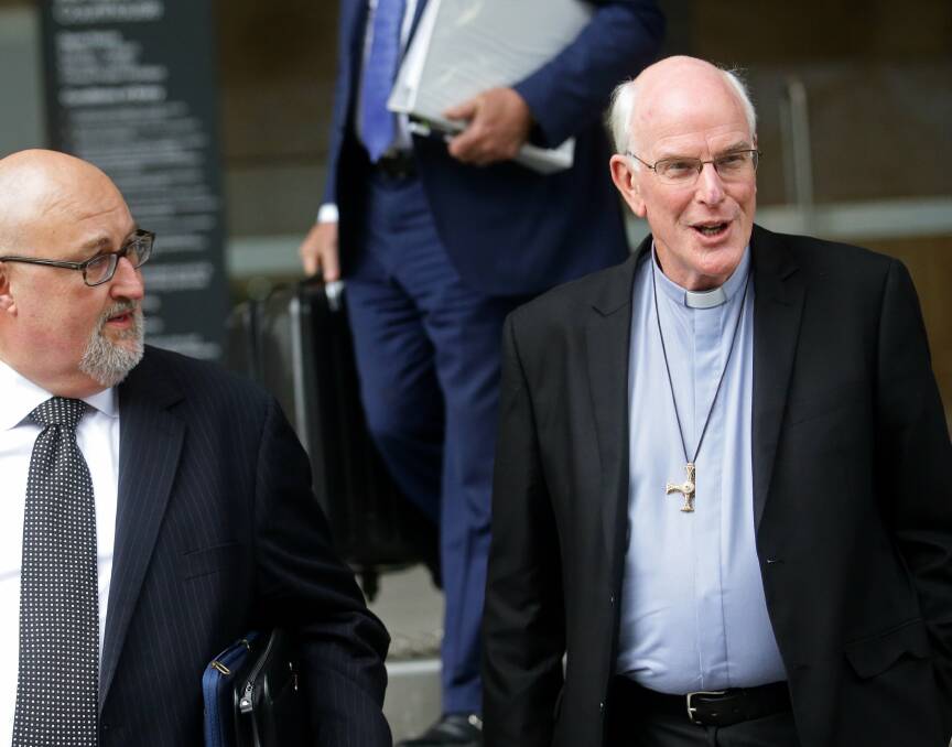 Statement: Maitland-Newcastle Catholic Bishop Bill Wright in 2016 outside Newcastle Courthouse where the Royal Commission into Institutional Responses to Child Sexual Abuse heard damning evidence about the Catholic Church's handling of abuse allegations involving Hunter priests. Picture: Jonathan Carroll. 
