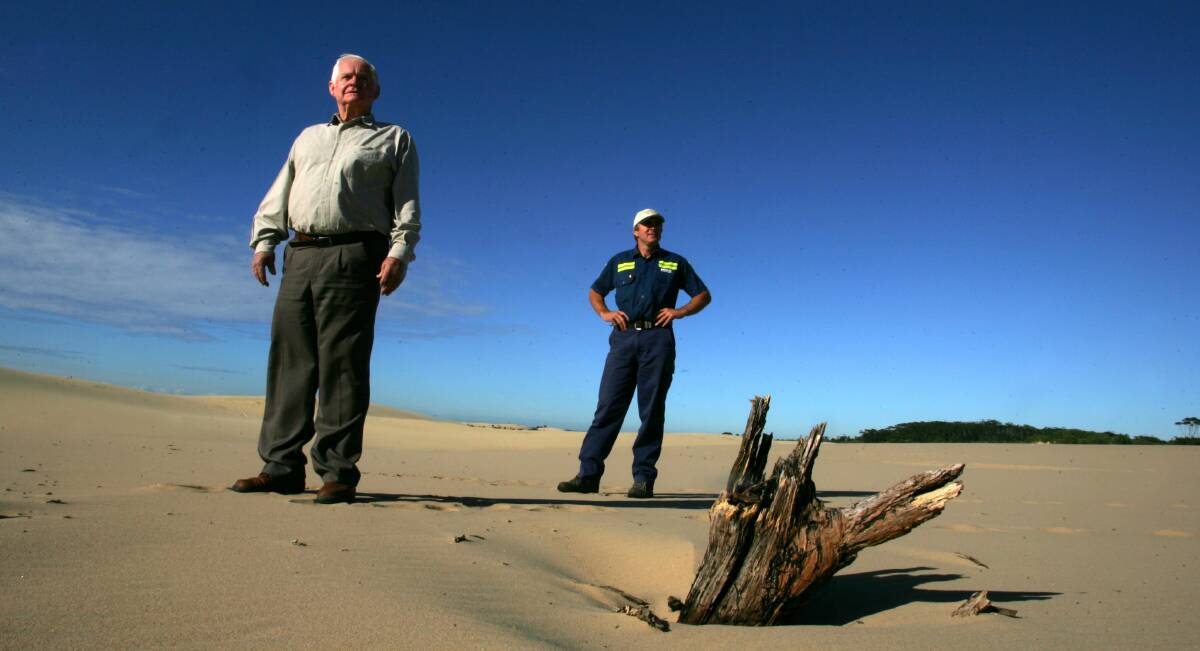 Court: Former Port Stephens mayor Bruce MacKenzie and son Robert at their family business, Mackas Sand and Soil. A long-running alleged waste dump case against their company has been returned to the Land and Environment Court. 