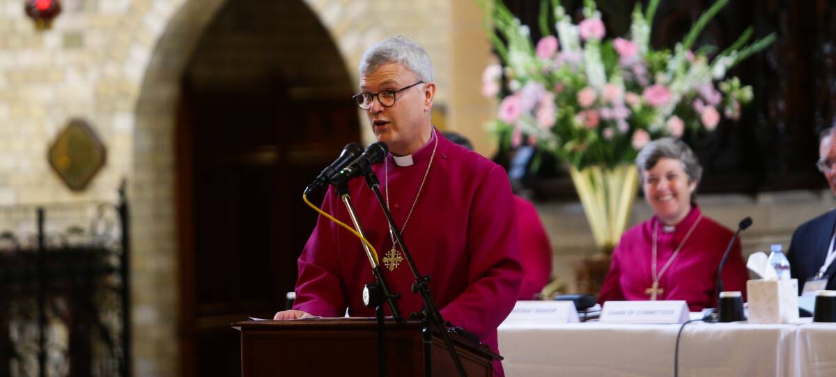 Beginnings: Newcastle Anglican Bishop Peter Stuart addresses a diocese Synod in 2018. Picture: Jonathan Carroll.