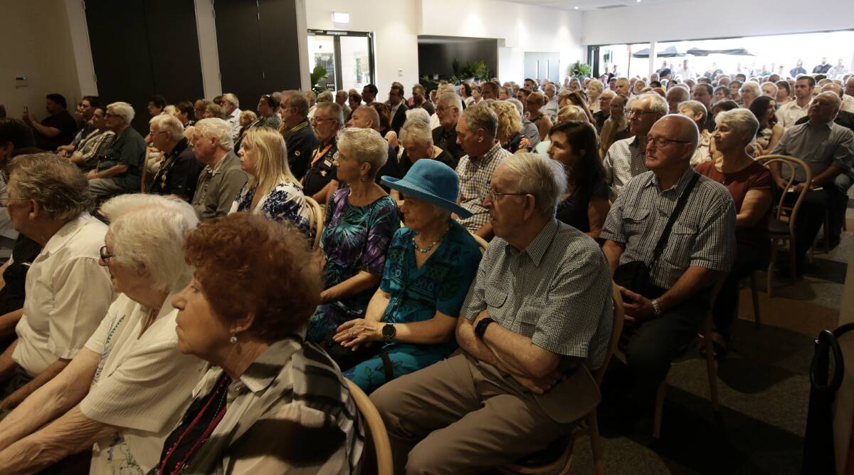 Memories: It was standing room only at the Pacific Palms' Greenhouse today for a memorial service for the late Port Stephens councillor Geoff Dingle. Picture: Simone De Peak. 