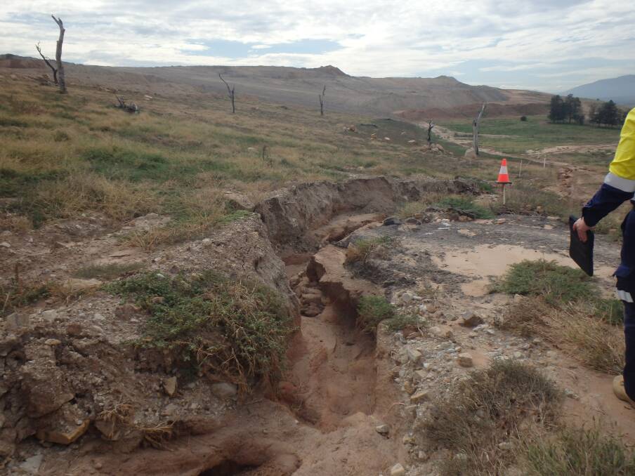 Risks: Significant erosion in the overburden emplacement rehabilitation area at Mount Pleasant coal mine near Muswellbrook. Picture: Resources Regulator.