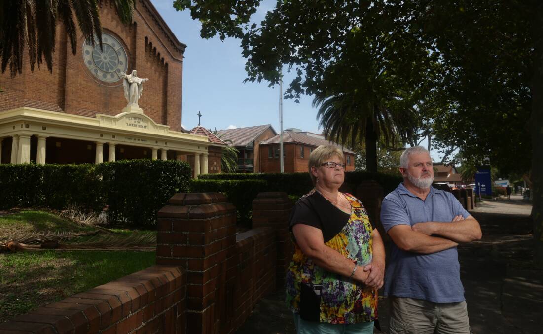 Reforms: Hunter child sex survivors Anthea Halpin and Peter Gogarty outside Hamilton's Sacred Heart Cathedral. Mr Gogarty said the structure of a Catholic conference in October billed as a landmark event in Australia suggested it could be a 'talkfest' only. Picture: Jonathan Carroll.