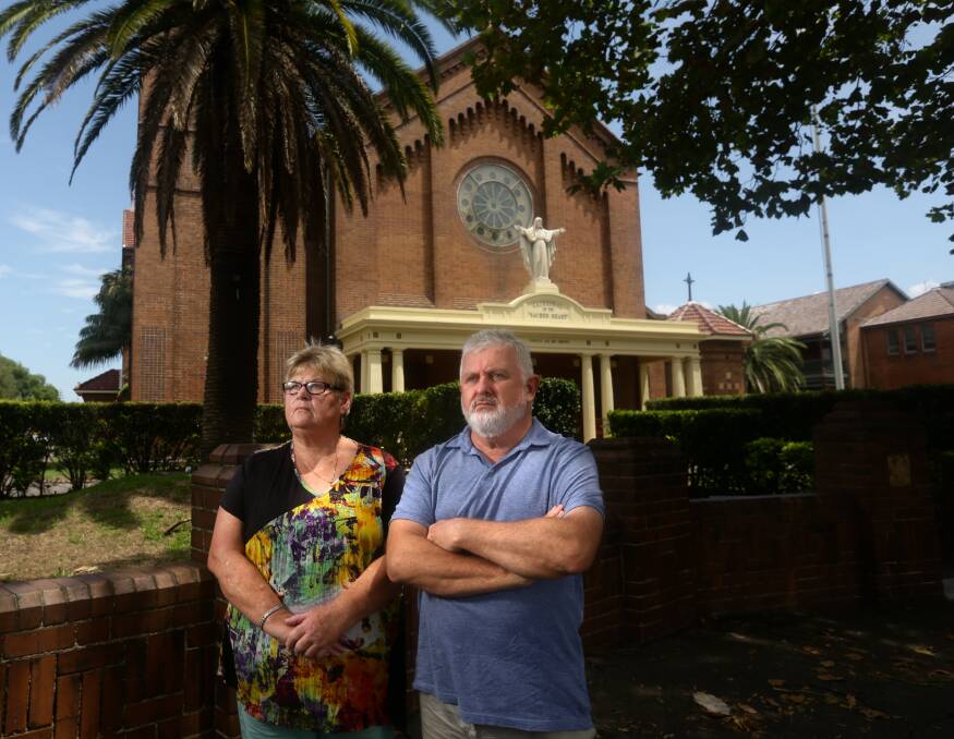 Challenge: Child sexual abuse survivors Peter Gogarty and Anthea Halpin outside Sacred Heart Cathedral at Hamilton. Picture: Jonathan Carroll.