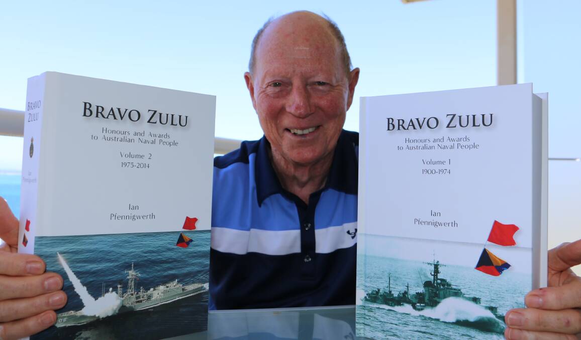 Ian Pfennigwerth with copies of Bravo Zulu. The Corlette author set out writing the two volumes in 2009 and finished them in 2016 and 2018. He has received an OAM for his service to military history. 