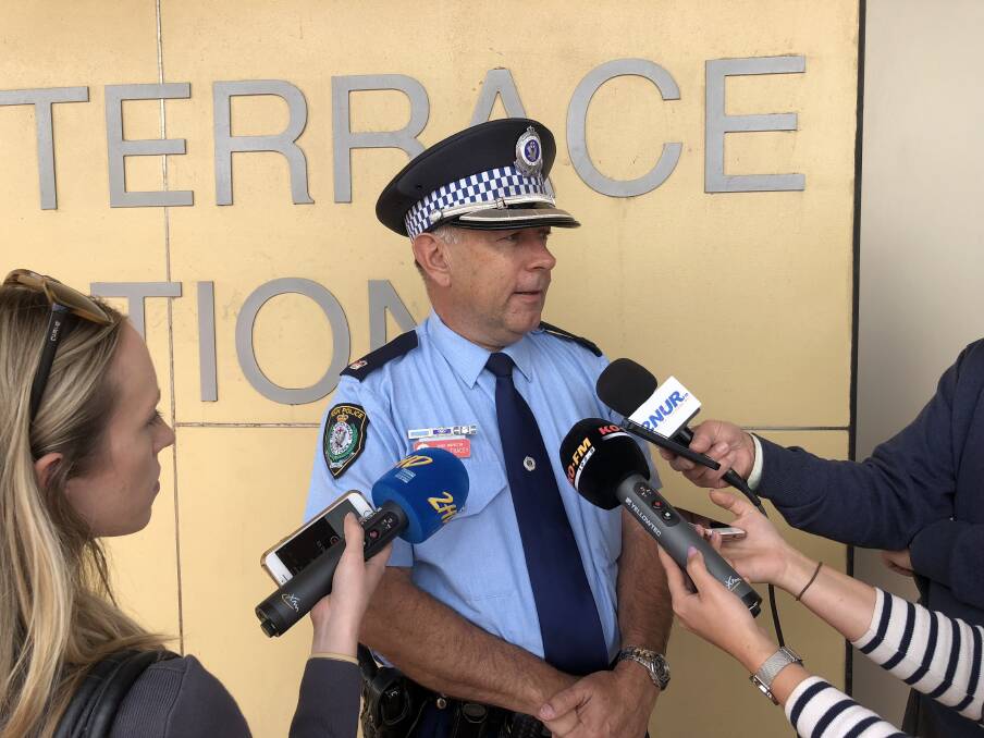 Port Stephens-Hunter Police District Inspector Brian Tracey addressing media in Raymond Terrace on Tuesday morning about the overnight explosion in Anna Bay.