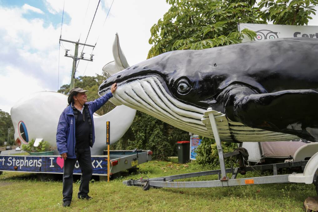 Frank Future with the Marine Parks Association fibreglass humpback whale that is in need of a name. A passionate environmentalist and whale advocate, Mr Future is chairman of the association. Picture by Ellie-Marie Watts.