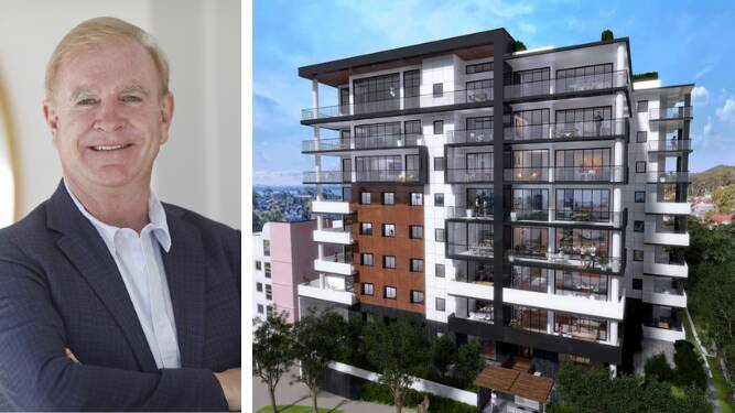 COHO Property director Rod Salmon. Right, a design concept for Ascent Nelson Bay located at 11-17 Church Street which has gone before council to be approved. Mr Salmon and some Port Stephens councillors are clashing over its height.