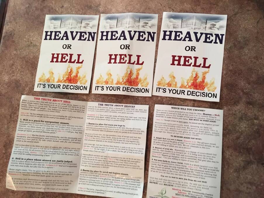 MESSAGE: Pamphlets Mark Power removed from cars parked on Denison Street, left by members of Grace Bible Baptist Church during a gay pride party. Picture: Mark Power