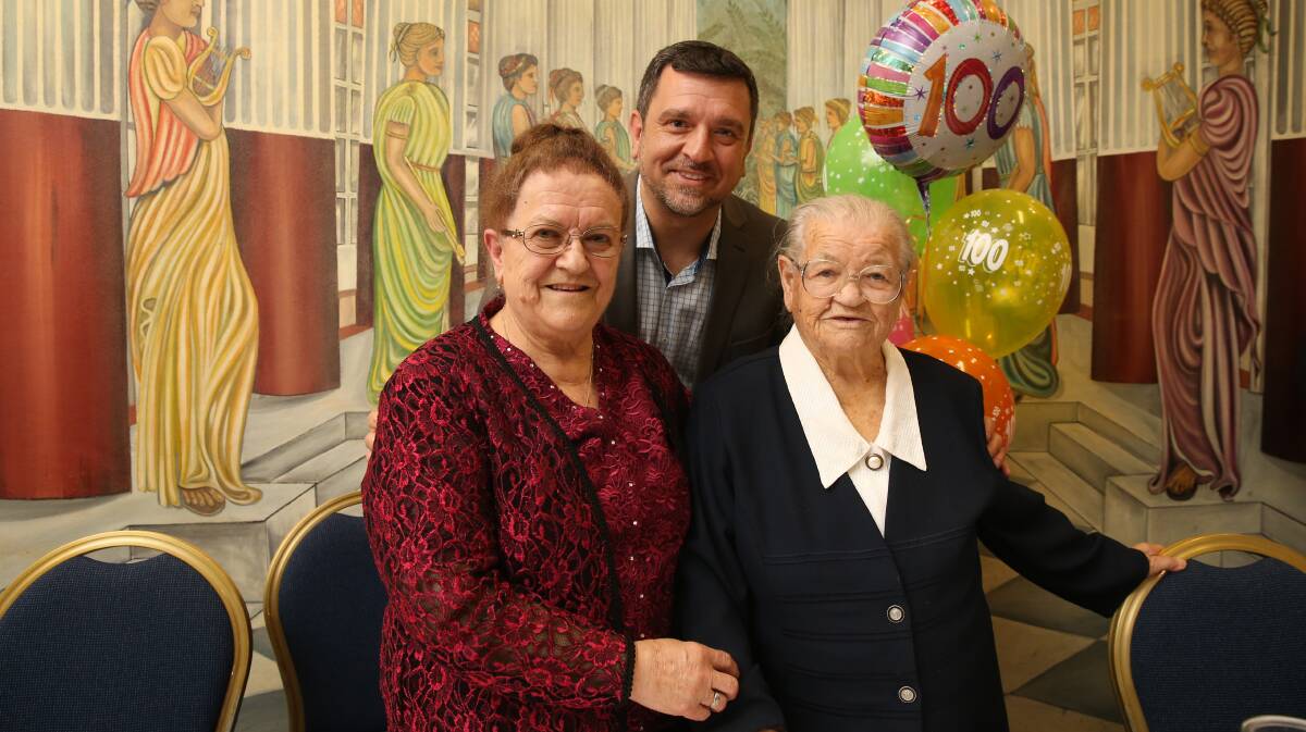 TOGETHER: Helene Germakis and her grandson Nicholas Alexiou and daughter Margarita Alexiou. Ms Germakis turns 100 today. Picture: Marina Neil 