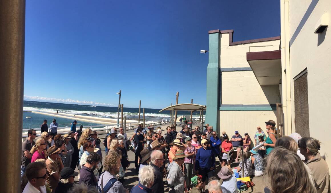 PUBLIC MEETING: Residents at the Save Our Ocean Baths meeting held on Saturday morning at Newcastle Ocean Baths. Picture: Michael Parris 
