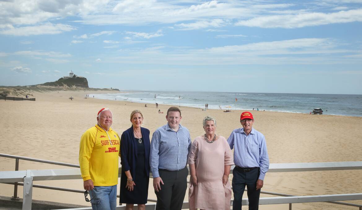 FUND: Hunter Surf Life Saving president Henry Scruton, Liberal candidates Jenny Barrie and Blake Keating, Hunter Surf Life Saving CEO Rhonda Scruton and  Parliamentary Secretary for the Hunter Scot MacDonald. Picture: Marine Neil