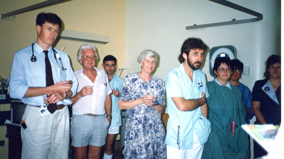Unknown Registrar, Dr David Sutherland, Kim Manias RN, Ann Bissett Social Worker, Darren Sheldon RN, Pauline Dobson CNC, Beth Bint RN, Michelle Smith NUM at the AIDS Ward in Royal Newcastle Hospital. Courtesy of the Hunter Rainbow History Group and UoN Living Histories
