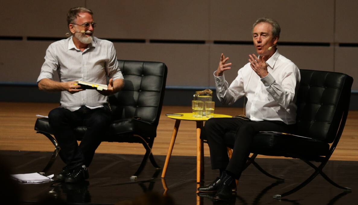 INTERVIEW: Paul Bevan (left) interviewing Christopher Lawrence at Newcastle Writers Festival earlier this year. Picture: Jonathan Carroll