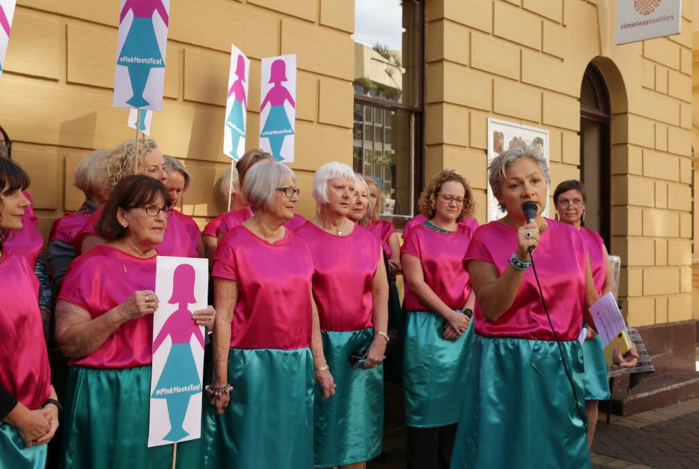 CAMPAIGN: Jill Emberson speaks at Pink meets Teal ovarian cancer protest in Newcastle in May 2019. Picture by Simone De Peak