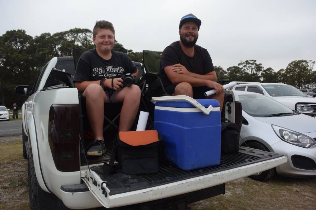 READY FOR TOUCH DOWN: Brothers Max and Phillip Malson from Lake Munmorah drove to Williamtown to get a look. Picture: PHOEBE MOLONEY