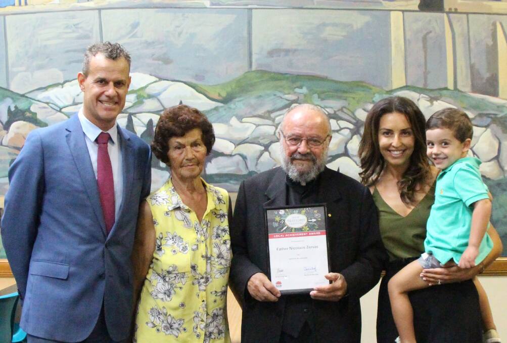 DEDICATION: State MP Tim Crakanthorp with Father Nicolaos Zervas, his wife Christina, daughter Anna Bailey and grandson Christian. Picture: Supplied 