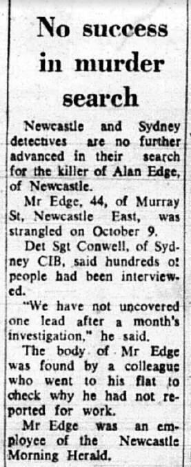 An article from the Newcastle Herald about the murder of Alan Edge, which sparked a "witch hunt" in which police questioned hundreds of gay men in the city. 