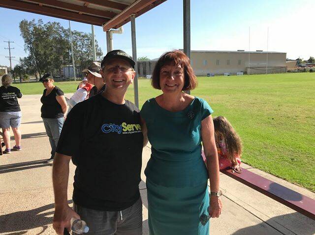 BUILDING COMMUNITY: CityServe chairman Rick Prosser and Lake Macquarie mayor Kay Fraser at Lake Macquarie Rugby Club’s dressing rooms in Boolaroo.
