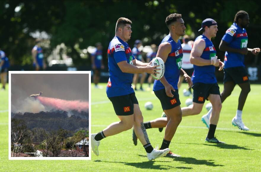 The Newcastle Knights. Picture: Jonathan Carroll; Inset: Firefighting at Taree. Picture: Manning River Times