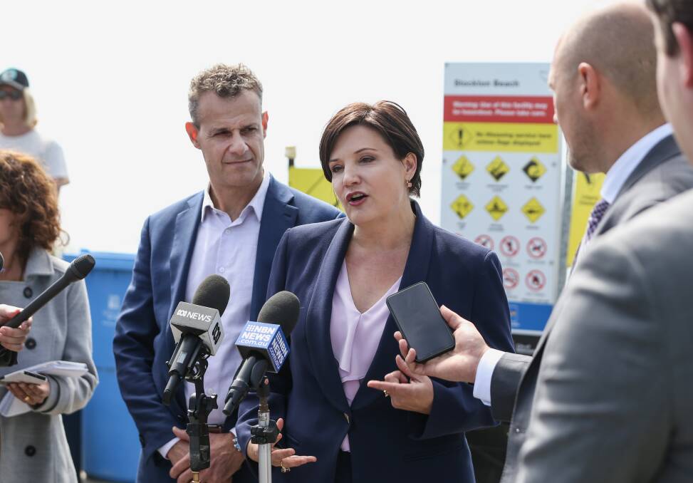 Jodi McKay during a visit to Stockton beach to inspect the erosion first hand with Newcastle NSW MP Tim Crakanthorp in September. Picture: Marina Neil