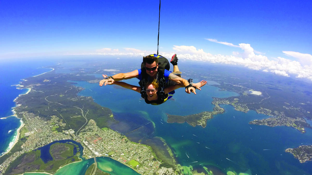 Ultimate adrenalin: Skydiving over stunning Lake Macquarie and Newcastle is an unforgettable experience.