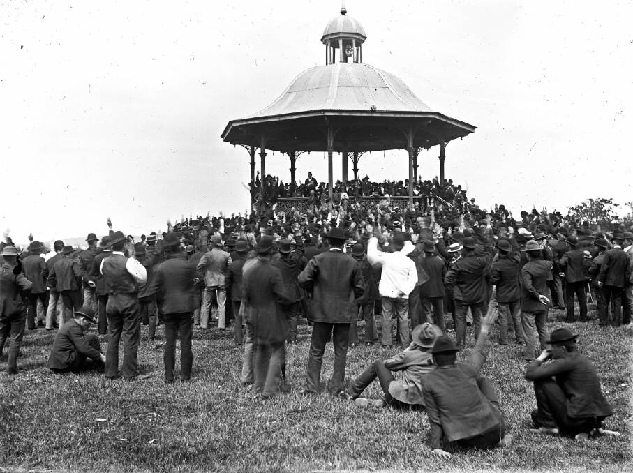 PAST LIVES: Miners meet at Lambton Park's rotunda in 1896. Picture: Courtesy, Norm Barney Photographic Collection, University of Newcastle Cultural Collections