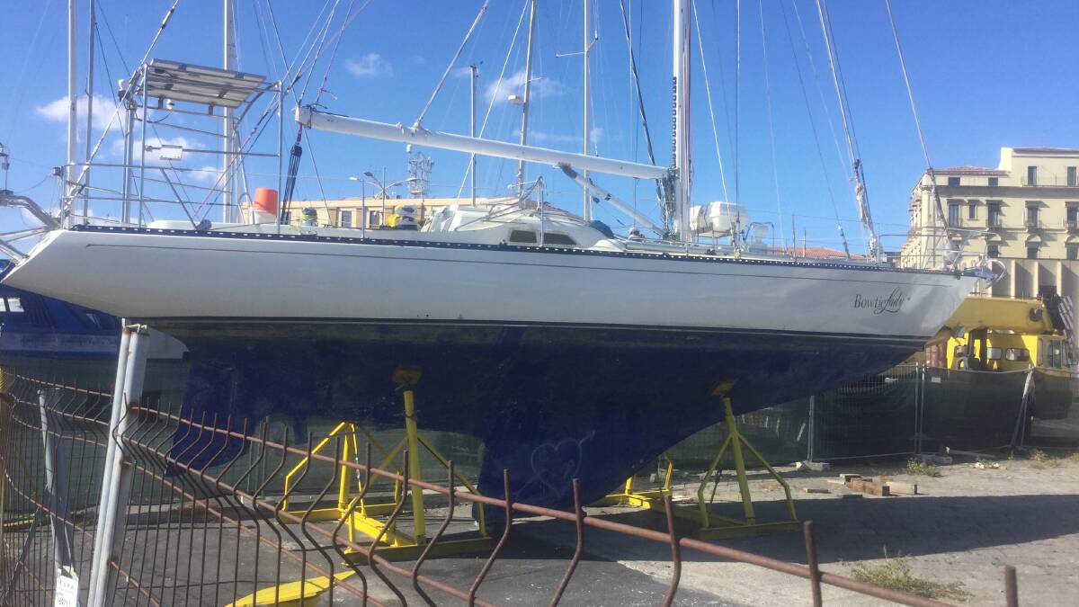 The yacht out of the water in Catania, Sicily. Picture: Supplied