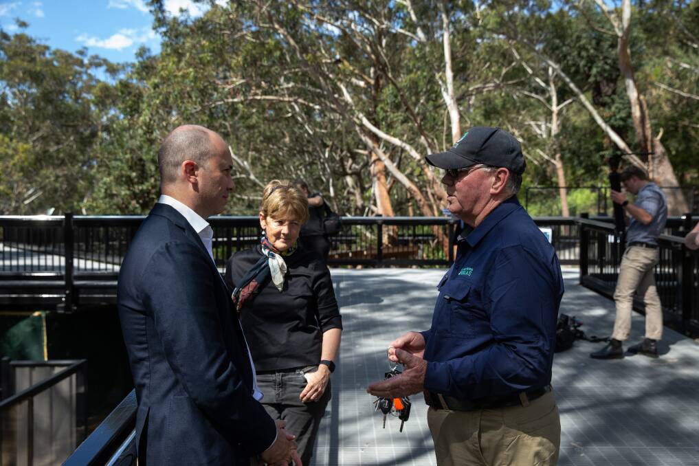 NSW Environment Minister Matt Kean, Parliamentary Secretary for the Hunter Catherine Cusack and Port Stephens Koalas' Ron Land at the new sanctuary. Picture: Marina Neil 