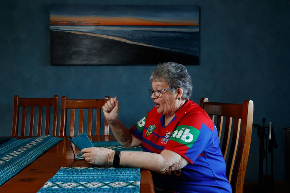 FANNING THE EXCITEMENT: Loyal Knights member Helene Shepherd is delighted to receive notification that she has a digital ticket to the team's first home game since COVID-19 disrupted the NRL competition. Picture: Max Mason-Hubers