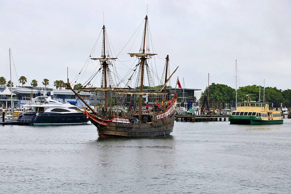 HISTORY DEPARTING: The "Duyfken" replica sailing out of Newcastle Harbour, passing the Commercial Fishermen's Co-operative, on Monday morning. Picture: Courtesy, Kevin Parsons, the "William the Fourth" 