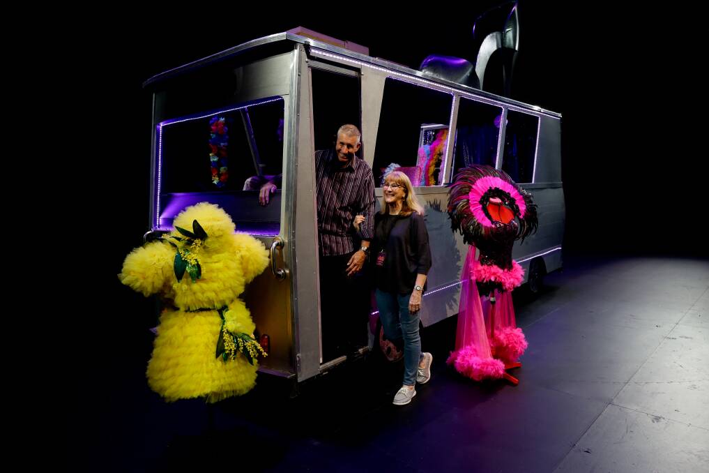 Costume designers Steve Harrison and Bev Fewins with two of their creations for "Priscilla, Queen of the Desert". Picture: Jonathan Carroll