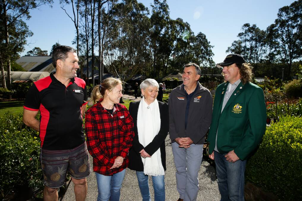 Coach Peter Hodgson, supporter and Quarry Mining managing director Kari Armitage, Australian team manager Margaret Hill, Transplant Australia CEO Chris Thomas, and athlete and double lung transplant recipient Rod Marshdale. Picture: Jonathan Carroll