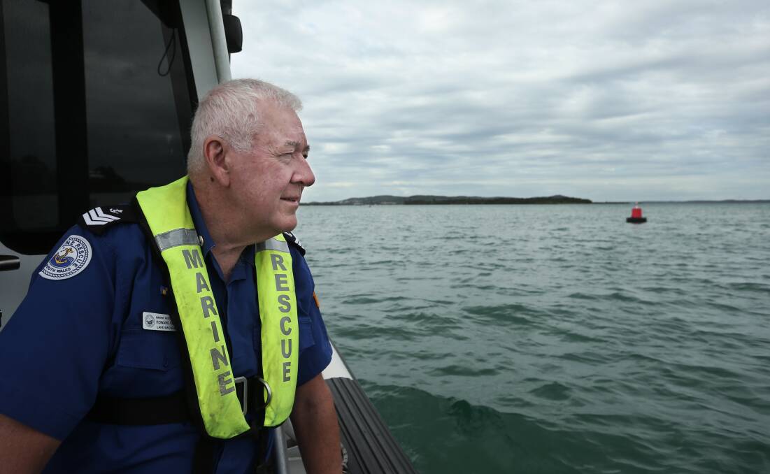 Marine Rescue Lake Macquarie volunteer Howard Elsey inspects Swansea Channel. Picture: Simone De Peak