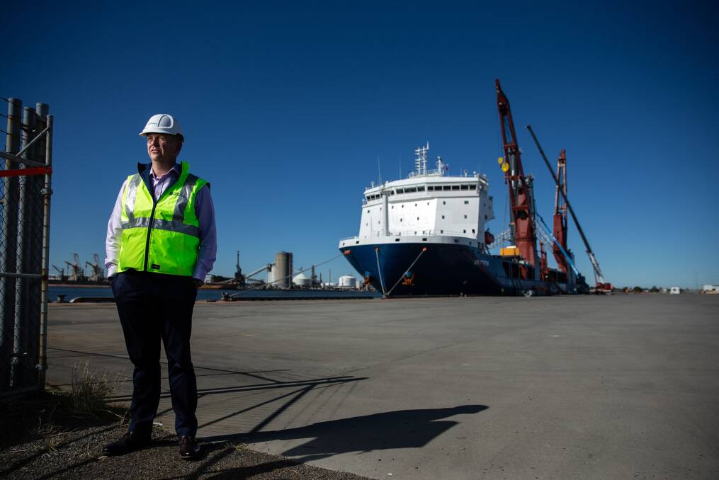 Port of Newcastle CEO Craig Carmody at the Mayfield 4 berth, with the mobile harbour cranes in the background. Picture: Marina Neil